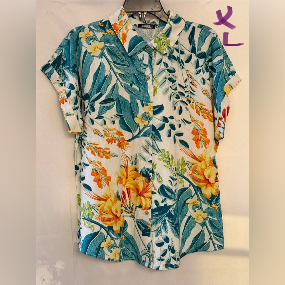 Cursive Tropical Floral Short-Sleeve Button-Down Shirt - Teal & Yellow